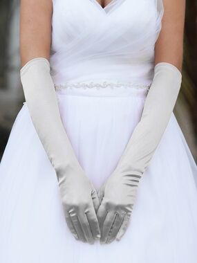 Silver 19" Long Satin Gloves Formal Evening Wear Fashion Accessory
